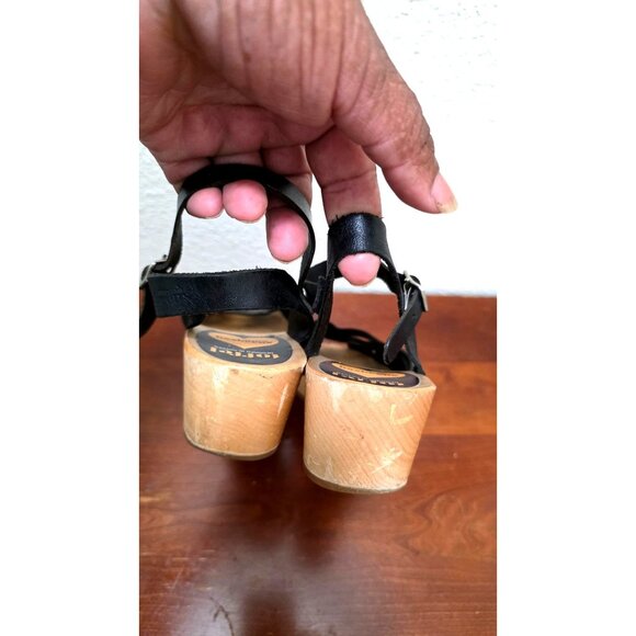 Swedish Hasbeens Women's Black Leather Peep-Toe Sandals Wooden Platform & Ankle - Picture 5 of 13